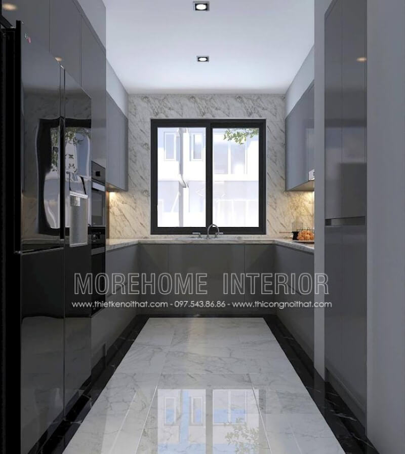 Bố trí nội thất phòng bếp không được lớn, việc sử dụng máy hút mùi có thể giúp lọc sạch không khí tuy nhiên việc bố trí cửa sổ lớn vừa giúp không khí lưu thông lại mang lại nguồn sinh khí có thể là điểm đáng chú ý. Thiết kế nội thất chung cư