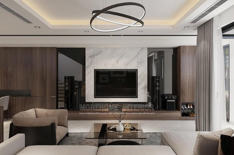 Đá ốp tường vân mây càng đẹp điểm nhấn ấn tượng trong không gian phòng khách hiện đại. Thiết kế nội thất chung cư