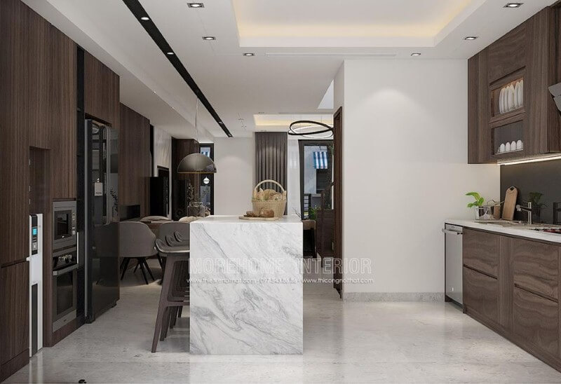 Phòng bếp đẹp độc đáo với ý tưởng thiết kế tủ bếp đảo từ gỗ sậm màu kết hợp bàn đảo ốp đá sang trọng. Thiết kế nội thất chung cư