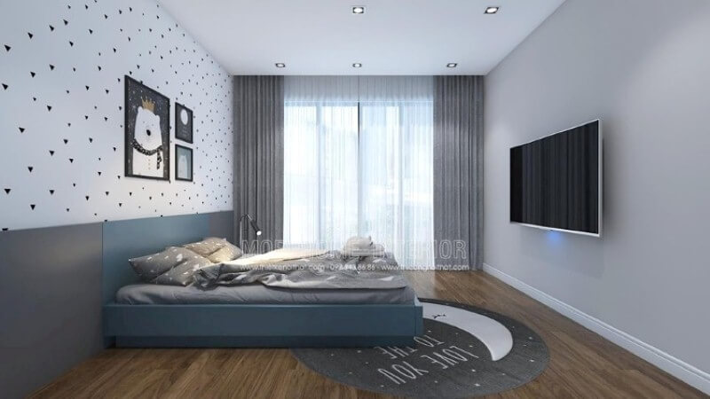 Đối với phòng bé dưới 6 tuổi, ý tưởng trang trí đơn giản nhưng không kém phần sinh động từ giấy dán tường hình tim, tranh treo tường Thiết kế nội thất chung cư
