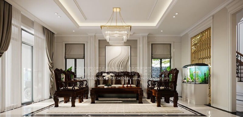 Thiết kế nội thất phòng khách với hệ cửa lớn cùng rèm 2 lớp giúp không gian luôn được thông thoáng. Thiết kế nội thất chung cư